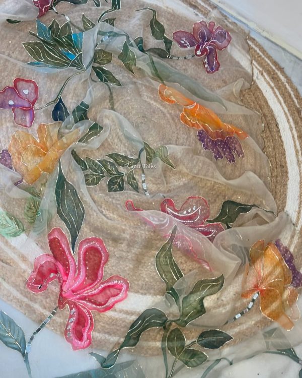 Handmade Painted Organza Floral Duppta - Image 3