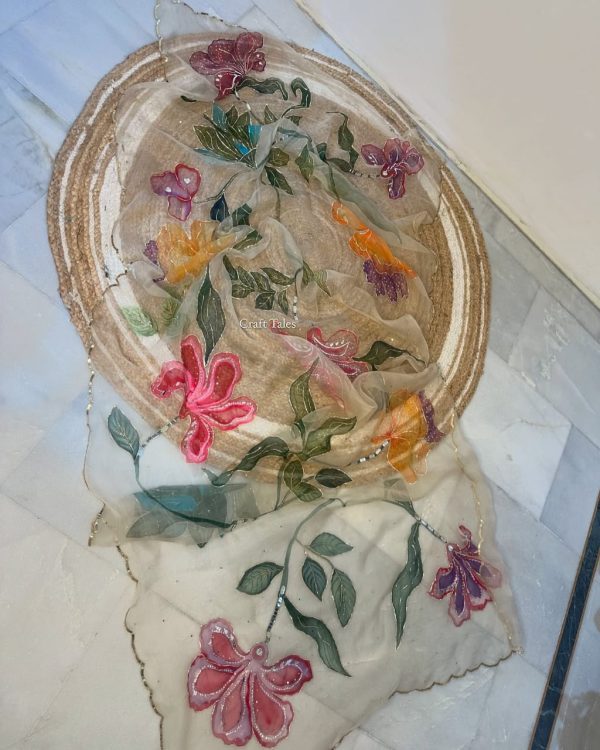 Handmade Painted Organza Floral Duppta - Image 2