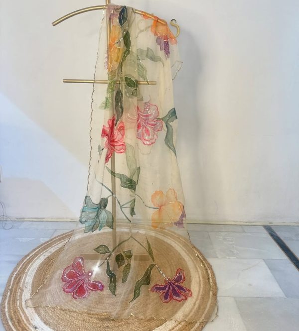 Handmade Painted Organza Floral Duppta