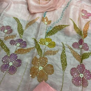 Handmade Painted Organza Flower and leaves Duppta