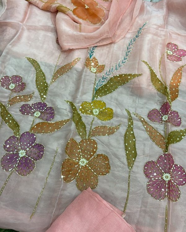 Handmade Painted Organza Flower and leaves Duppta