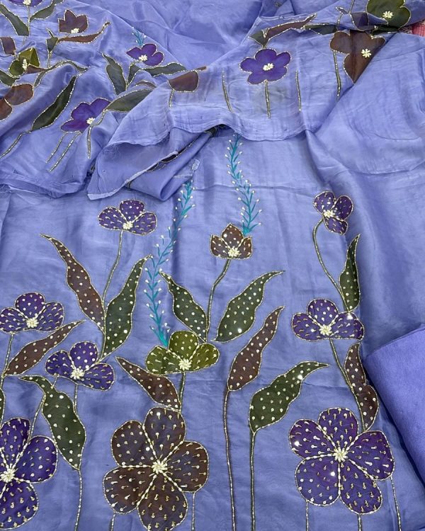 Handmade Painted Organza Flower and leaves Duppta - Image 3