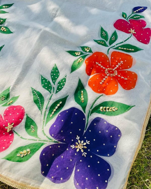 Handmade Painted Rashmi White Duppta - Image 3